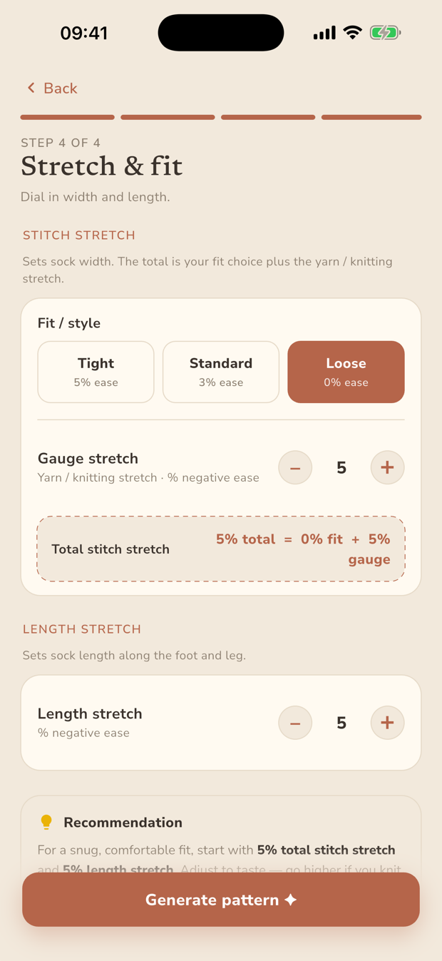 Step four of the pattern wizard: fit set to loose, with stitch stretch and length stretch controls and a recommendation.